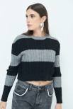 MAGLIA CROP TRECCIA RIGA GRIGIO/NERO