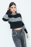 MAGLIA CROP TRECCIA RIGA GRIGIO/NERO