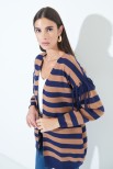 CARDIGAN RIGA CON FRANGE BLU/CAMMELLO