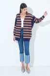 CARDIGAN RIGA CON FRANGE BLU/CAMMELLO