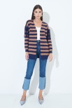 CARDIGAN RIGA CON FRANGE BLU/CAMMELLO