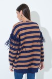 CARDIGAN RIGA CON FRANGE BLU/CAMMELLO