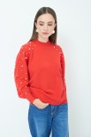 MAGLIA OVER CON PERLE MANICA ROSSO