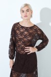 BLUSA IN PIZZO CON MANICA ELASTICO MORO