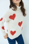 MAGLIA COLLO ALTO CON CUORI BEIGE/ROSSO