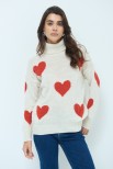 MAGLIA COLLO ALTO CON CUORI BEIGE/ROSSO