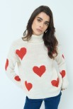 MAGLIA COLLO ALTO CON CUORI BEIGE/ROSSO