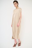 MAXI ABITO RASO PESANTE CON CINTURA E TASCHE BEIGE
