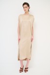 MAXI ABITO RASO PESANTE CON CINTURA E TASCHE BEIGE