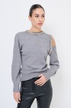 MAGLIA CUT OUT CON STRASS GRIGIO