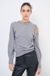 MAGLIA CUT OUT CON STRASS GRIGIO