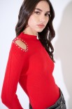 MAGLIA MEZZO COLLO CON STRASS SPALLA ROSSO