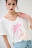 T-SHIRT COLLO A V PALMA BIANCO