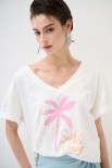 T-SHIRT COLLO A V PALMA BIANCO