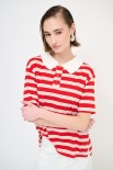 POLO CROP CON SPACCHI A RIGHE M/MANICA ROSSO