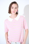 POLO CROP CON SPACCHI A RIGHE M/MANICA ROSA