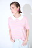 POLO CROP CON SPACCHI A RIGHE M/MANICA ROSA