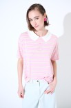 POLO CROP CON SPACCHI A RIGHE M/MANICA ROSA