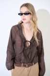 BLOUSE SCOLLO V CON POLSINO E ROUCHES SU TAGLI MORO