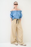 PANTALONE LARGO CON LACCIO MISTO LINO RIGA CAMMELLO