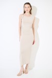 ABITO MIDI INCRESPATURA FIANCHI CON ANELLO BEIGE