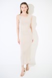 ABITO MIDI INCRESPATURA FIANCHI CON ANELLO BEIGE