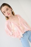 BLUSA CON ROUCHES E BOTTONI VOILE STAMPA LIME/ROSA