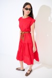 ABITO MIDI BALZE CON CINTURA ROSSO