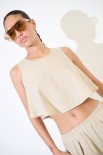 TOP CORTO SMANICATO MISTO LINO BEIGE