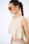 TOP CORTO SMANICATO MISTO LINO BEIGE