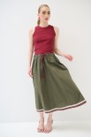 GONNA MIDI SVASATA CON BANDA MACRAME TELA MILITARE