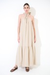 ABITO LUNGO MISTO LINO CON ANELLO BEIGE