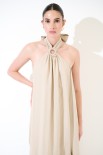 ABITO LUNGO MISTO LINO CON ANELLO BEIGE