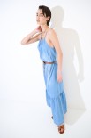 ABITO LUNGO AMPIO CON CINTURA CHAMBRAY SABBIATO BLU CHIARO