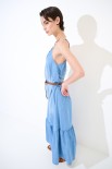 ABITO LUNGO AMPIO CON CINTURA CHAMBRAY SABBIATO BLU CHIARO