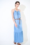 ABITO LUNGO AMPIO CON CINTURA CHAMBRAY SABBIATO BLU CHIARO