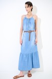 ABITO LUNGO AMPIO CON CINTURA CHAMBRAY SABBIATO BLU CHIARO