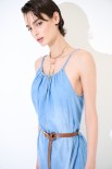 ABITO LUNGO AMPIO CON CINTURA CHAMBRAY SABBIATO BLU CHIARO