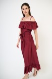 ABITO LUNGO CON BALZA SCOLLO + CINTURA VISCOSA BORDEAUX
