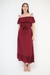 ABITO LUNGO CON BALZA SCOLLO + CINTURA VISCOSA BORDEAUX