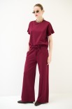 PANTALONE LARGO CON ELASTICO VITA TESSUTO DIAGONALE VINO