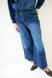 PANTA PALAZZO DENIM CON RISVOLTO ALTO FONDO CON BOTTONI BLU