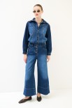 PANTA PALAZZO DENIM CON RISVOLTO ALTO FONDO CON BOTTONI BLU