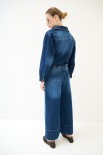 PANTA PALAZZO DENIM CON RISVOLTO ALTO FONDO CON BOTTONI BLU