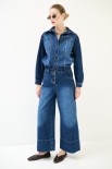 PANTA PALAZZO DENIM CON RISVOLTO ALTO FONDO CON BOTTONI BLU