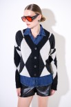 CARDIGAN OVER ROMBI CON BOTTONI GIOIELLO NERO/ECRU