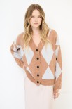 CARDIGAN OVER ROMBI CON BOTTONI GIOIELLO MOKA/CELESTE