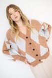 CARDIGAN OVER ROMBI CON BOTTONI GIOIELLO MOKA/CELESTE