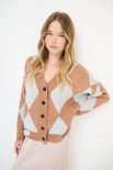 CARDIGAN OVER ROMBI CON BOTTONI GIOIELLO MOKA/CELESTE