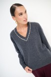 MAGLIA SCOLLO V STRASS LANA CACHEMIRE GRIGIO ANTRACITE
